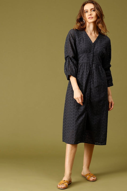 Navy Midi Length V-Neck Cotton Dress