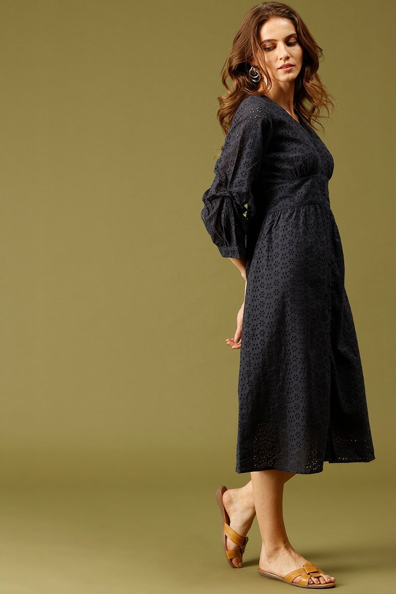 Navy Midi Length V-Neck Cotton Dress