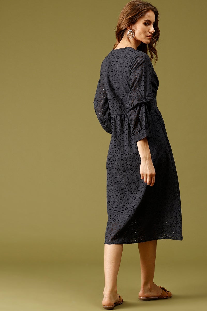 Navy Midi Length V-Neck Cotton Dress