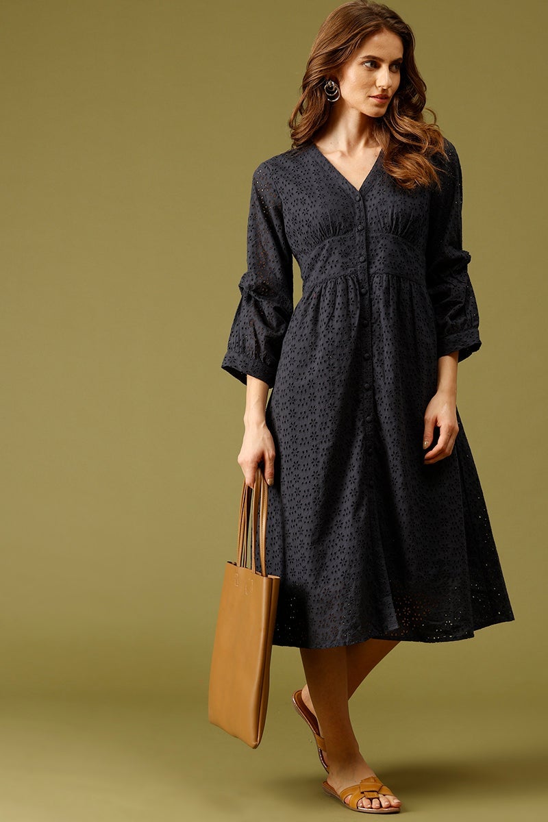 Navy Midi Length V-Neck Cotton Dress