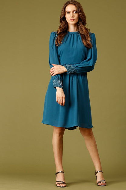 Blue Knee Length Choker Neck Long Sleeves Embellished Polyester Dress