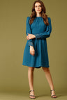 Blue Knee Length Choker Neck Long Sleeves Embellished Polyester Dress