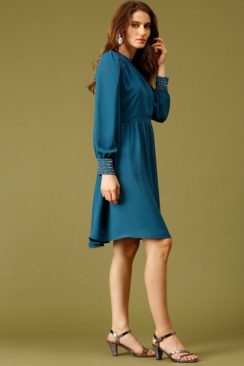 Blue Knee Length Choker Neck Long Sleeves Embellished Polyester Dress