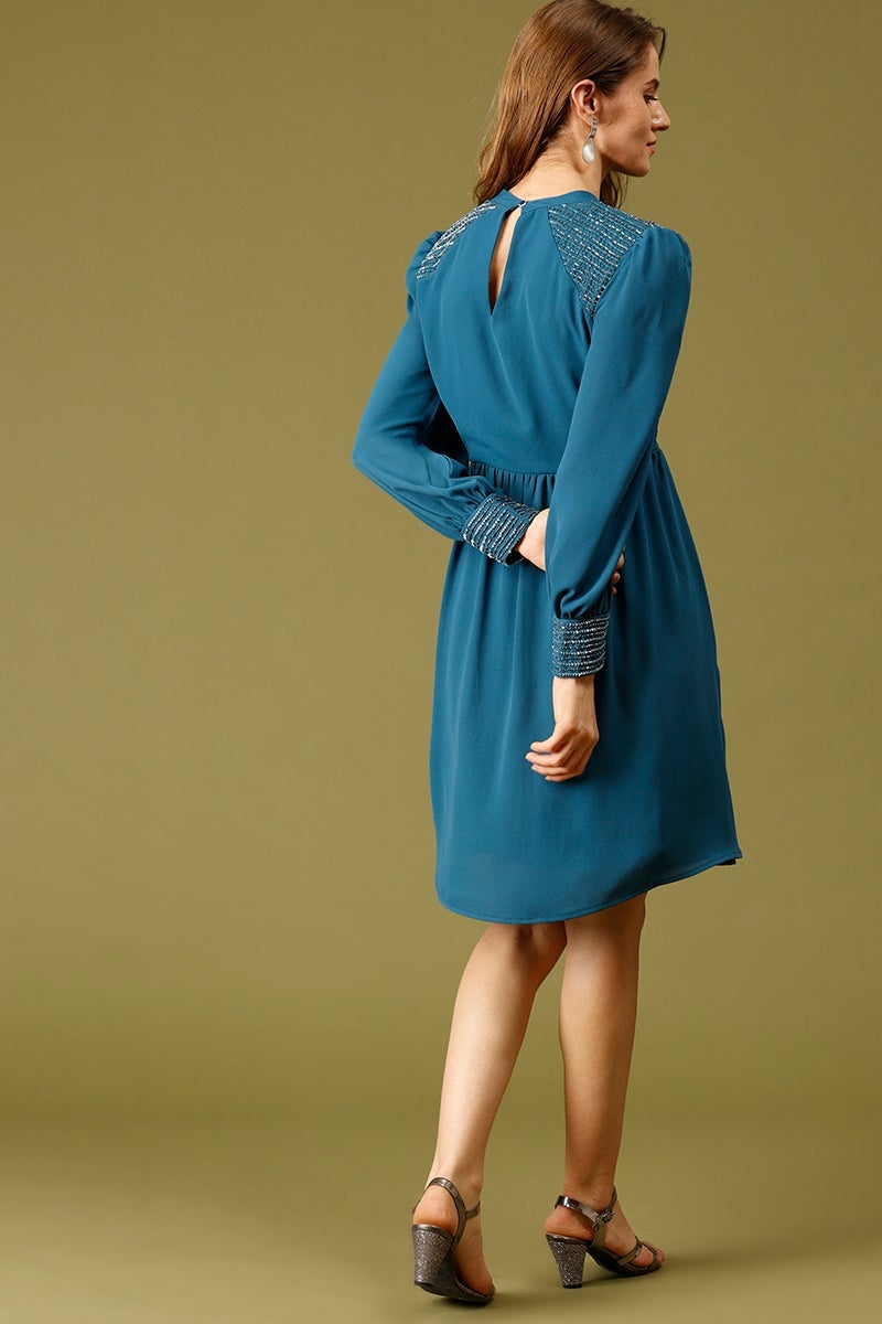 Blue Knee Length Choker Neck Long Sleeves Embellished Polyester Dress