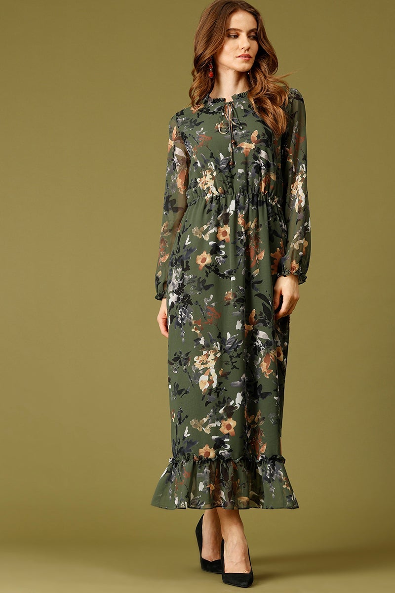 Olive Maxi Length Tie-Up Neck Long Sleeves Floral Print Georgette Dress