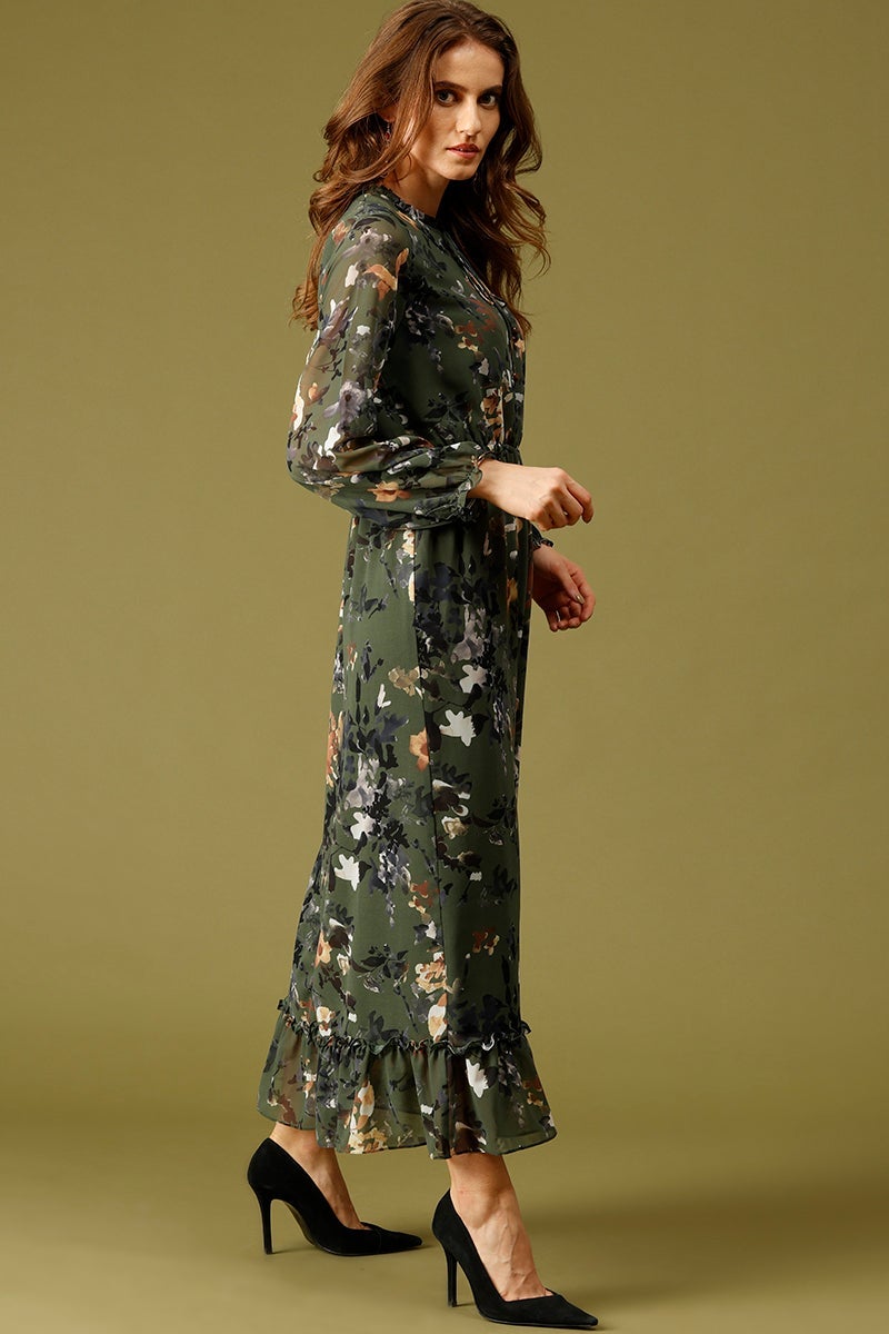 Olive Maxi Length Tie-Up Neck Long Sleeves Floral Print Georgette Dress