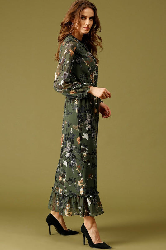 Olive Maxi Length Tie-Up Neck Long Sleeves Floral Print Georgette Dress