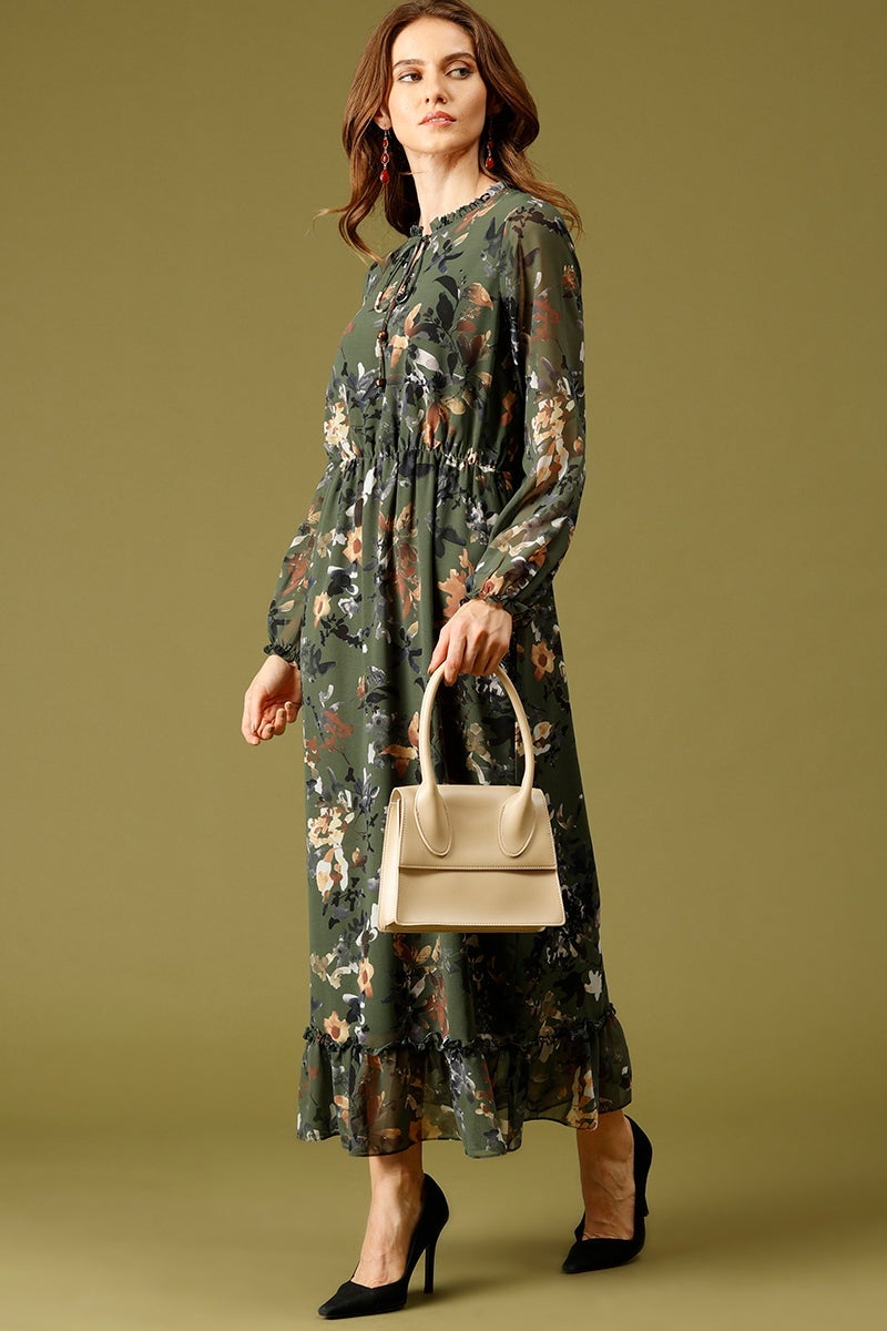Olive Maxi Length Tie-Up Neck Long Sleeves Floral Print Georgette Dress