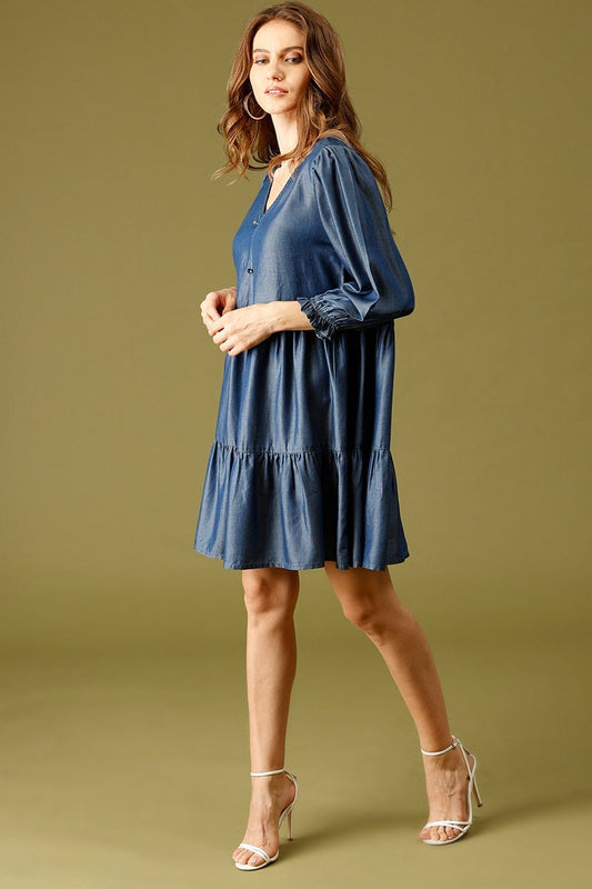 Navy Blue Knee Length V-Neck 3/4th Sleeves Solid Dress