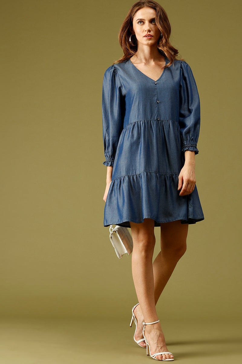 Navy Blue Knee Length V-Neck 3/4th Sleeves Solid Dress