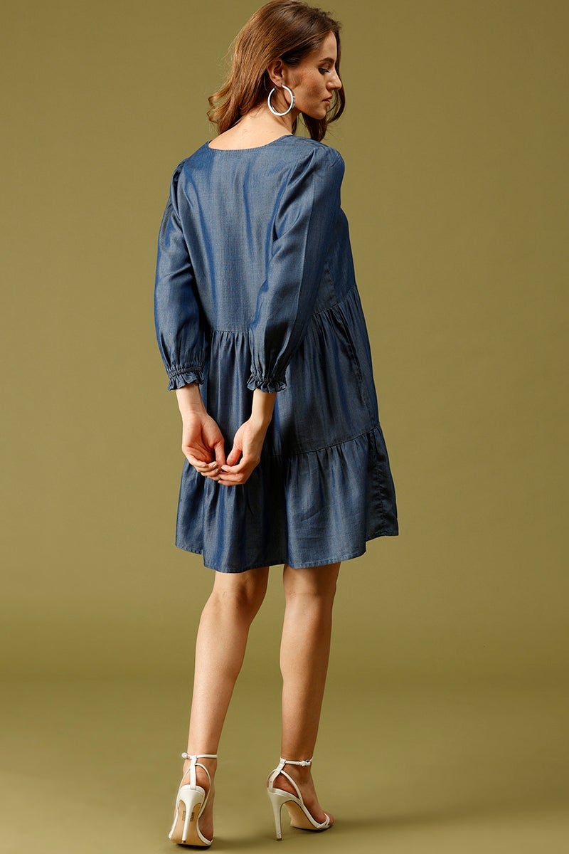 Navy Blue Knee Length V-Neck 3/4th Sleeves Solid Dress