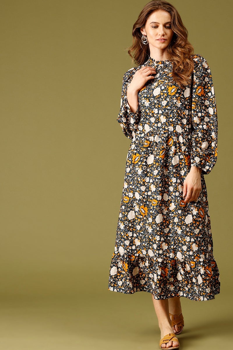 Navy Blue Midi Length Choker Neck Long Sleeves Floral Print Rayon Dress