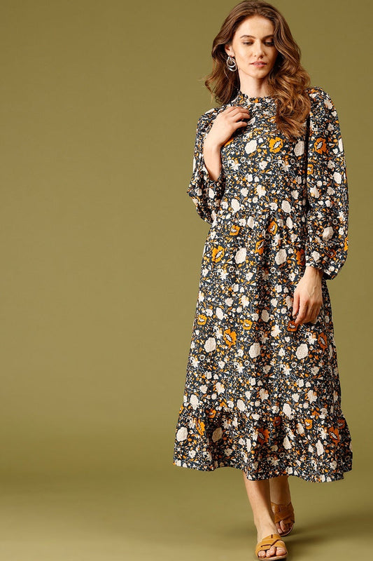 Navy Blue Midi Length Choker Neck Long Sleeves Floral Print Rayon Dress