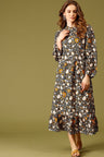 Navy Blue Midi Length Choker Neck Long Sleeves Floral Print Rayon Dress