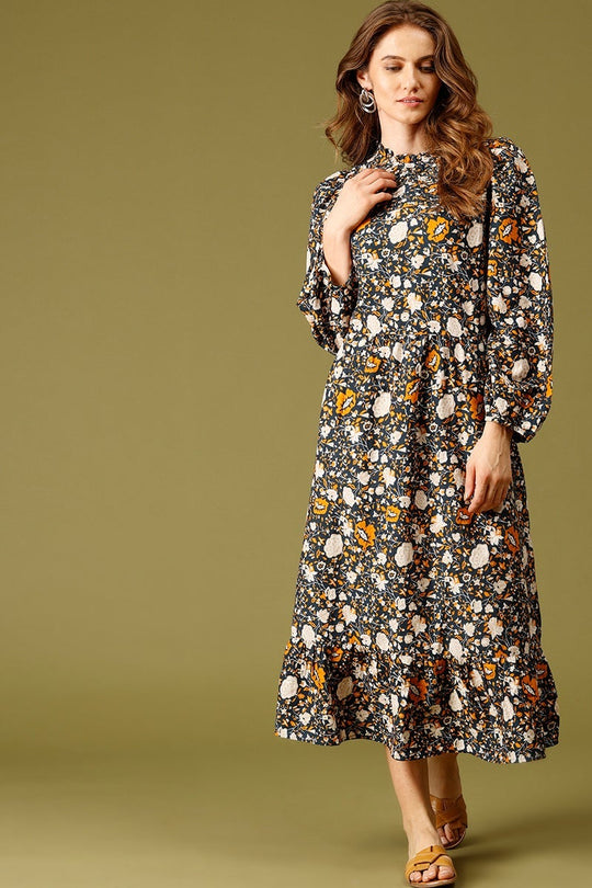 Navy Blue Midi Length Choker Neck Long Sleeves Floral Print Rayon Dress