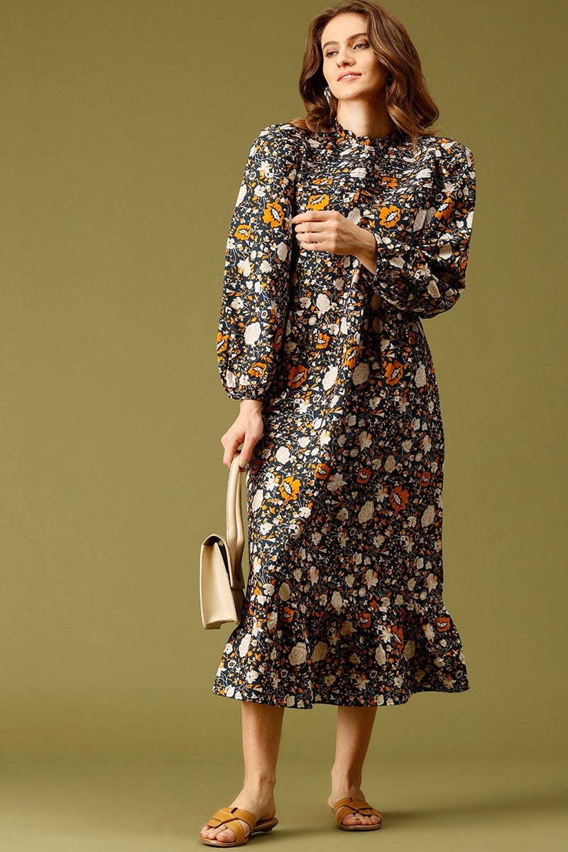 Navy Blue Midi Length Choker Neck Long Sleeves Floral Print Rayon Dress