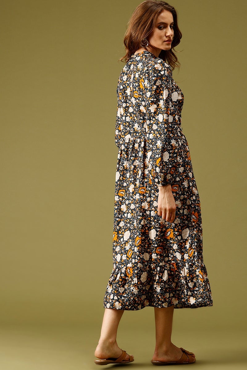 Navy Blue Midi Length Choker Neck Long Sleeves Floral Print Rayon Dress