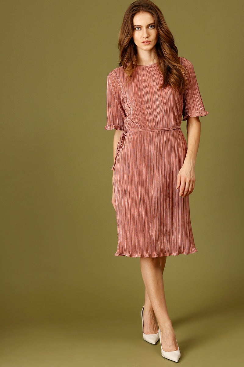 Dusky Pink Knee Length Round Neck Short Sleeves Solid Polyester Dress