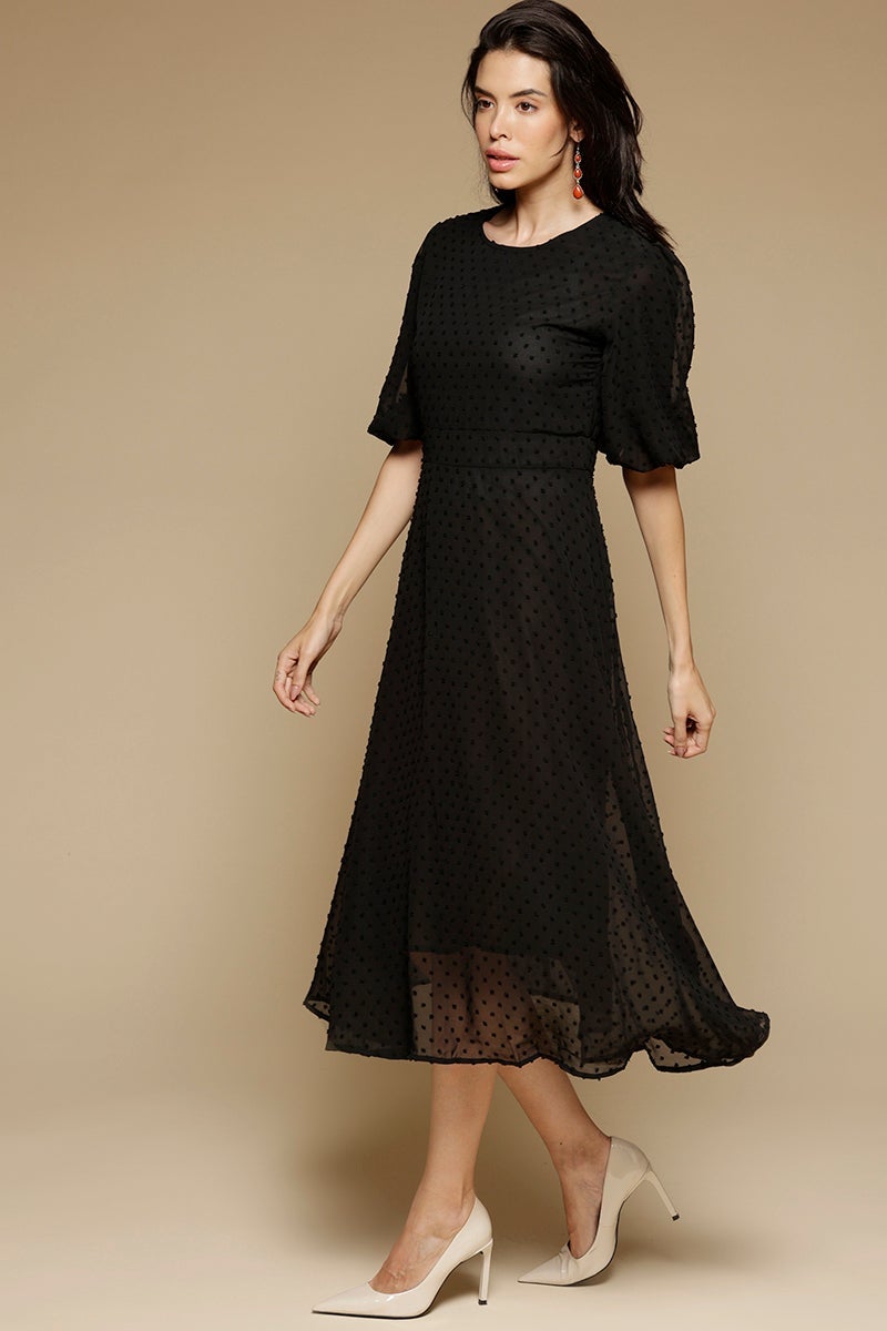 Black Midi Length Round Neck Polyester Dress