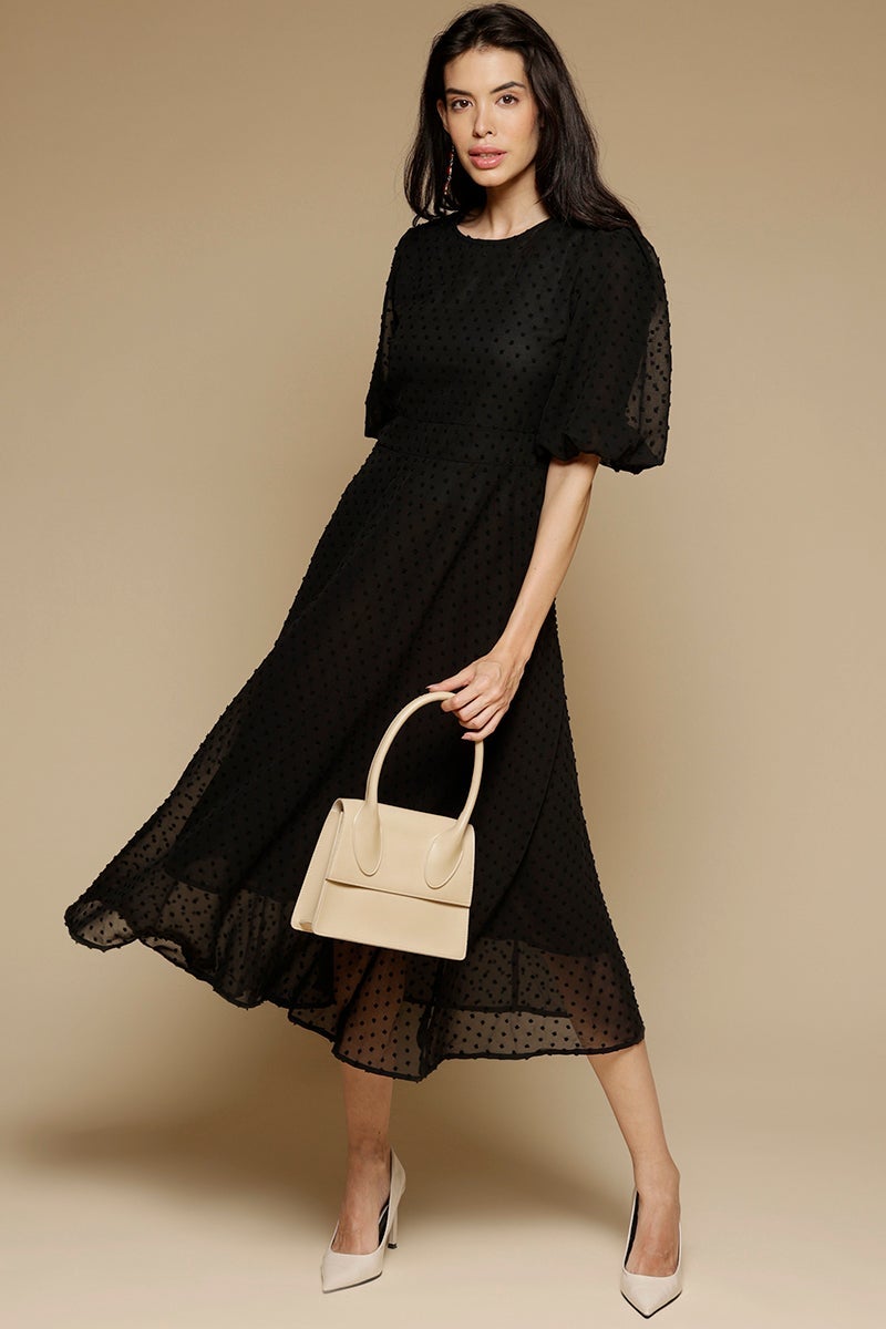 Black Midi Length Round Neck Polyester Dress