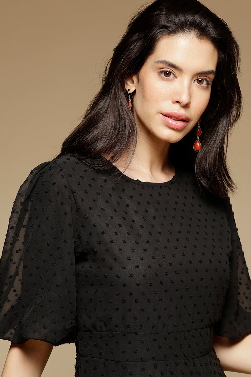 Black Midi Length Round Neck Polyester Dress