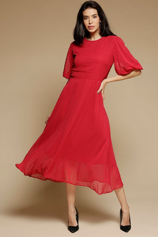 Black Midi Length Round Neck Polyester Dress