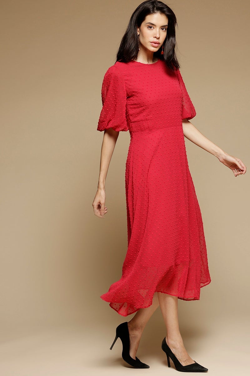 Black Midi Length Round Neck Polyester Dress
