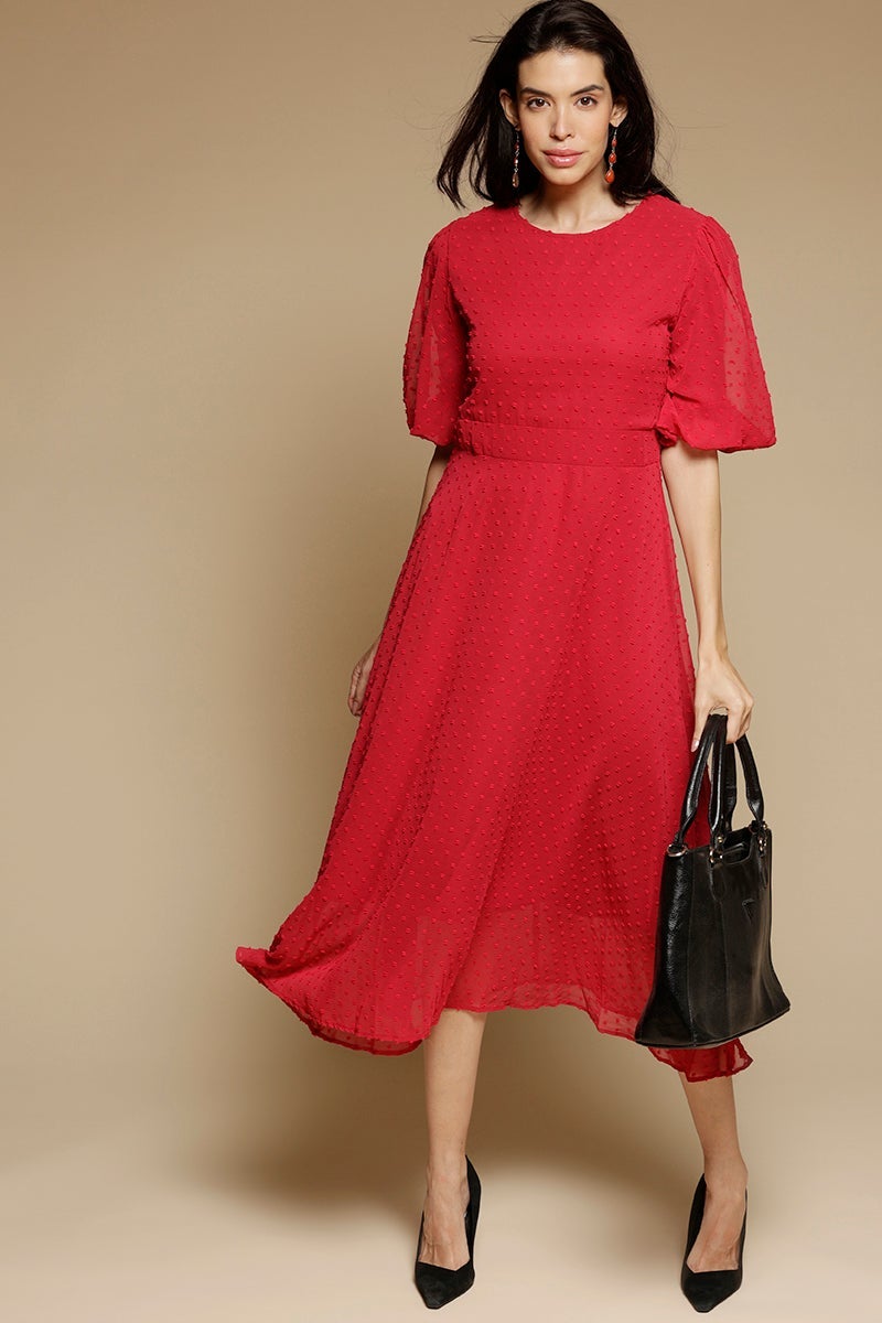 Black Midi Length Round Neck Polyester Dress