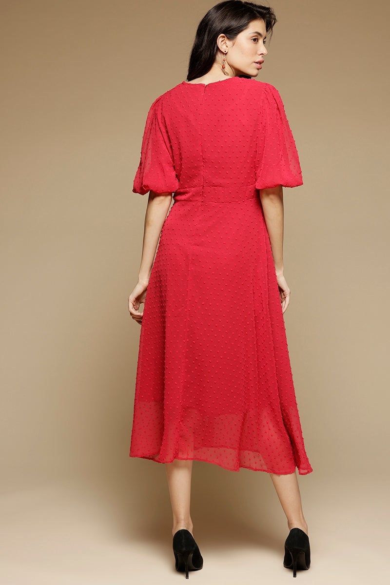 Black Midi Length Round Neck Polyester Dress