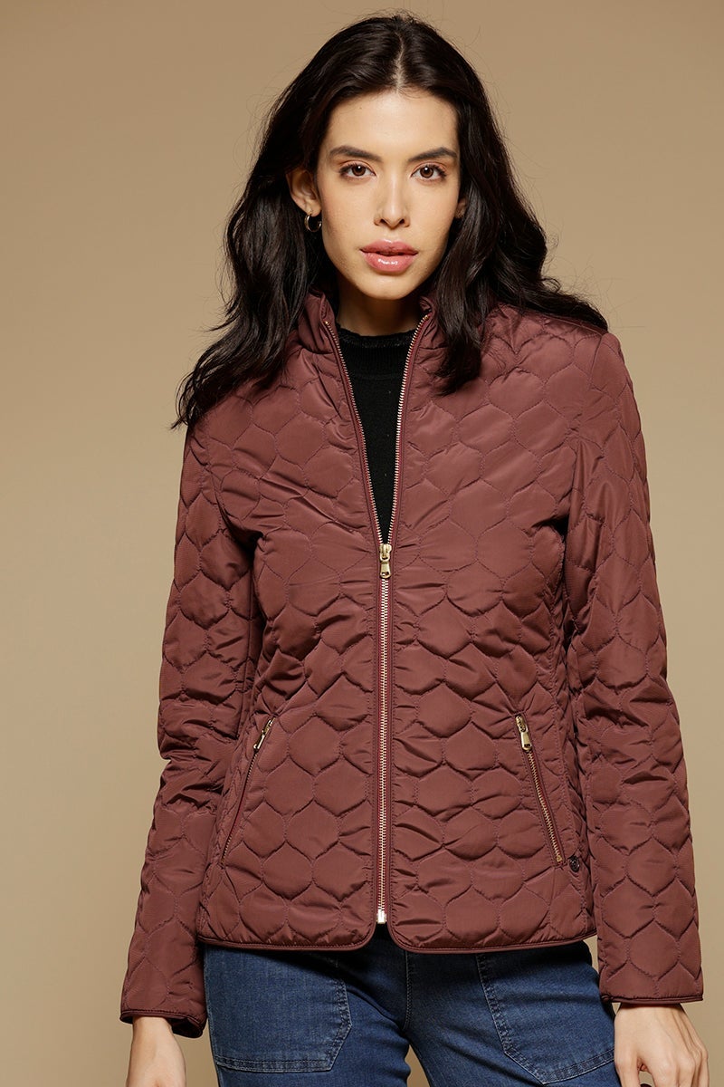 Burgandy Regular Length Full Sleeves Stand Collar Polyester Jacket