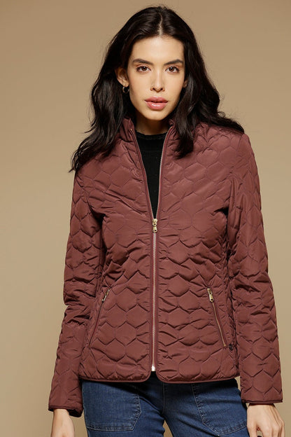 Burgandy Regular Length Full Sleeves Stand Collar Polyester Jacket