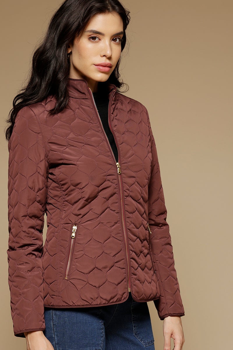 Burgandy Regular Length Full Sleeves Stand Collar Polyester Jacket