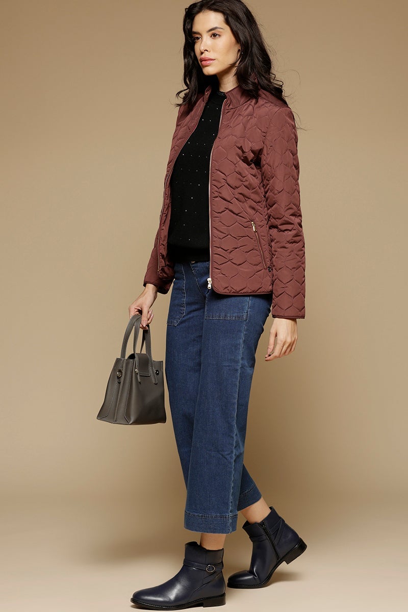 Burgandy Regular Length Full Sleeves Stand Collar Polyester Jacket