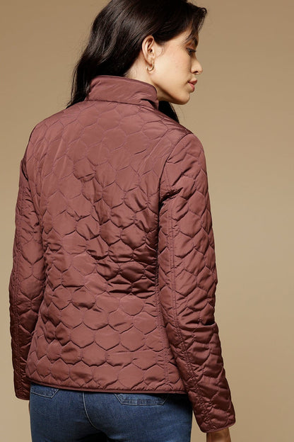 Burgandy Regular Length Full Sleeves Stand Collar Polyester Jacket