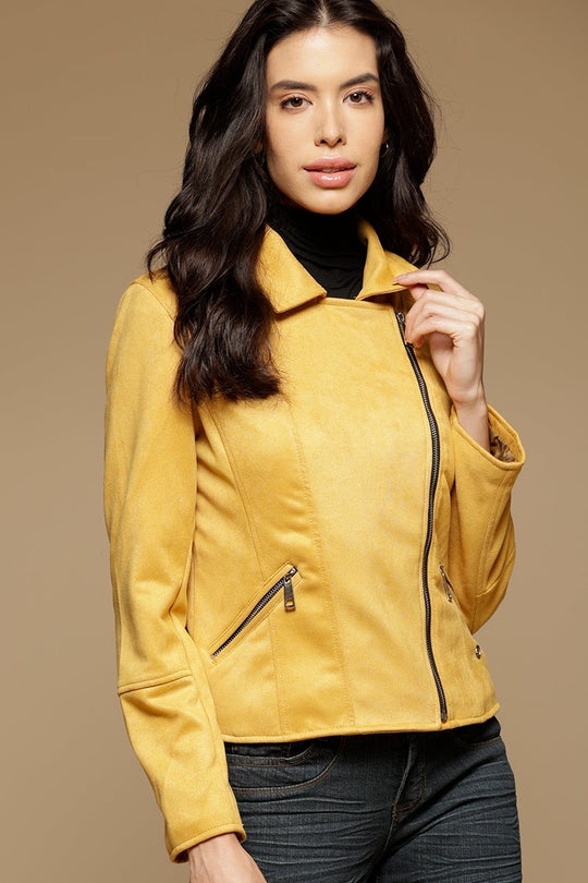 Mustard Regular Length Full Sleeves Collar Neck Suede Jacket