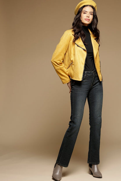 Mustard Regular Length Full Sleeves Collar Neck Suede Jacket