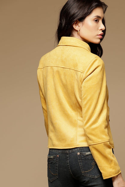 Mustard Regular Length Full Sleeves Collar Neck Suede Jacket