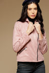 Pink Regular Length Full Sleeves Collar Neck Suede Jacket
