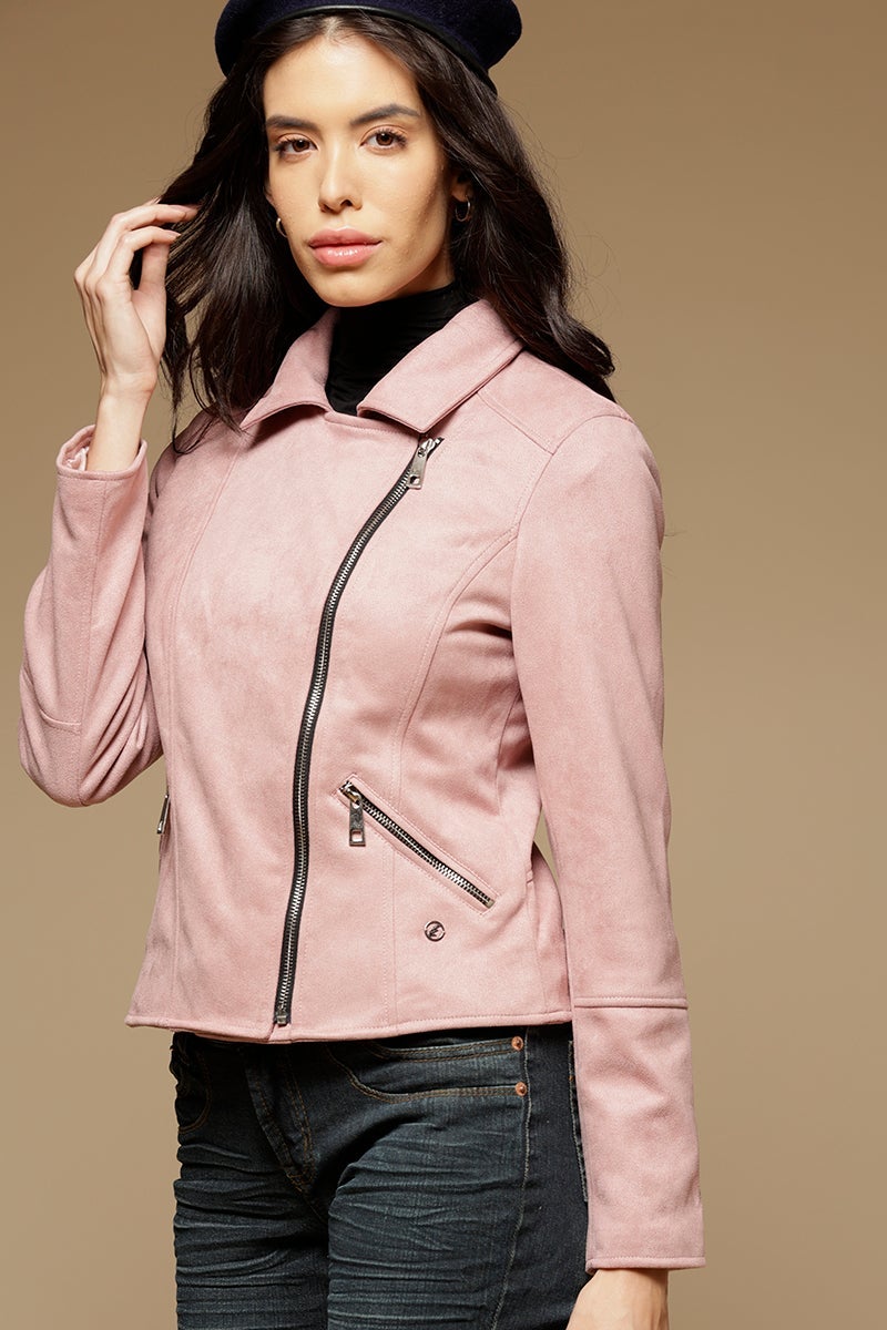 Pink Regular Length Full Sleeves Collar Neck Suede Jacket