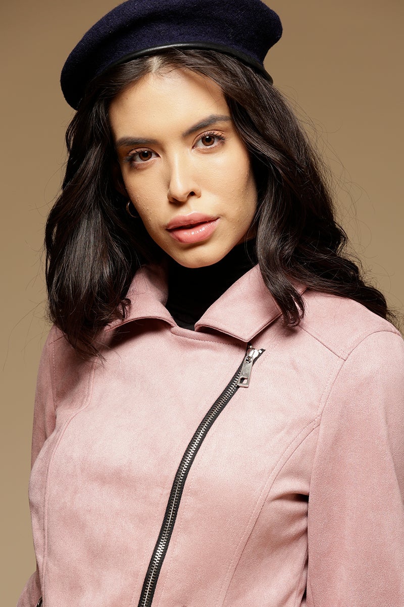 Pink Regular Length Full Sleeves Collar Neck Suede Jacket
