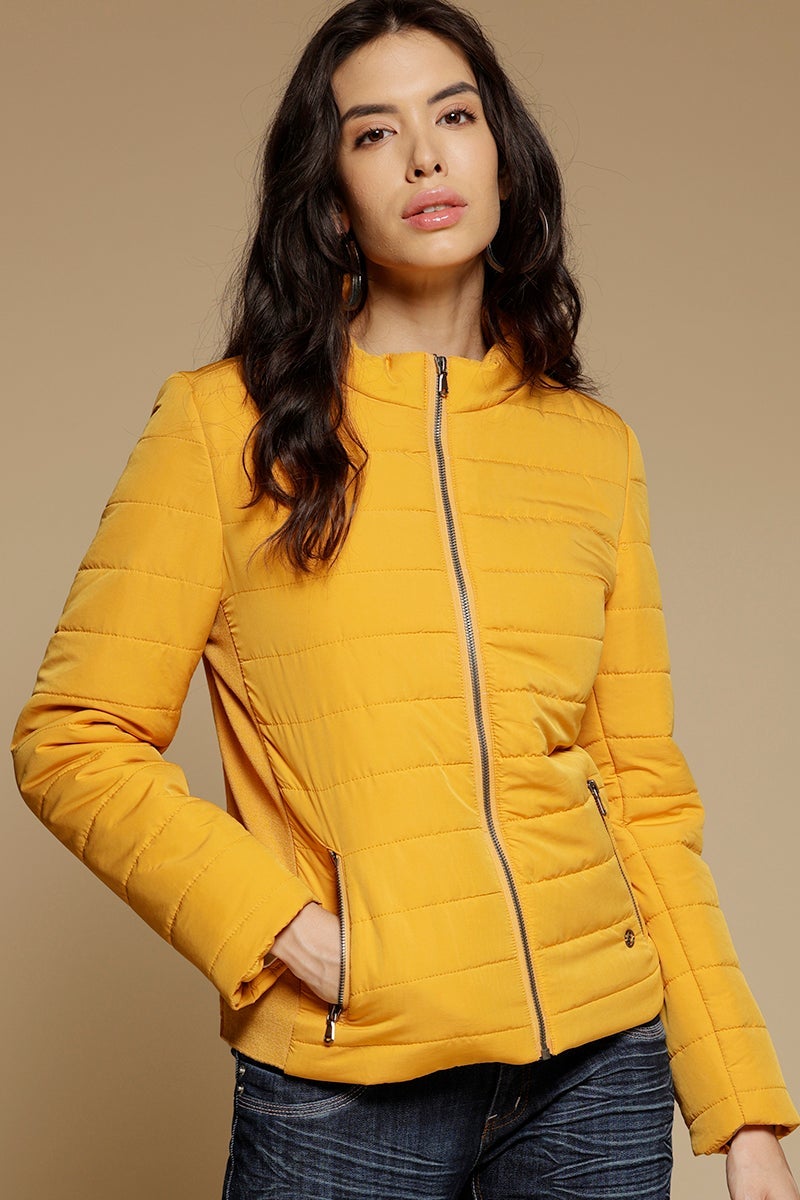 Mustard Regular Length Full Sleeves Stand Neck Polyester Jacket