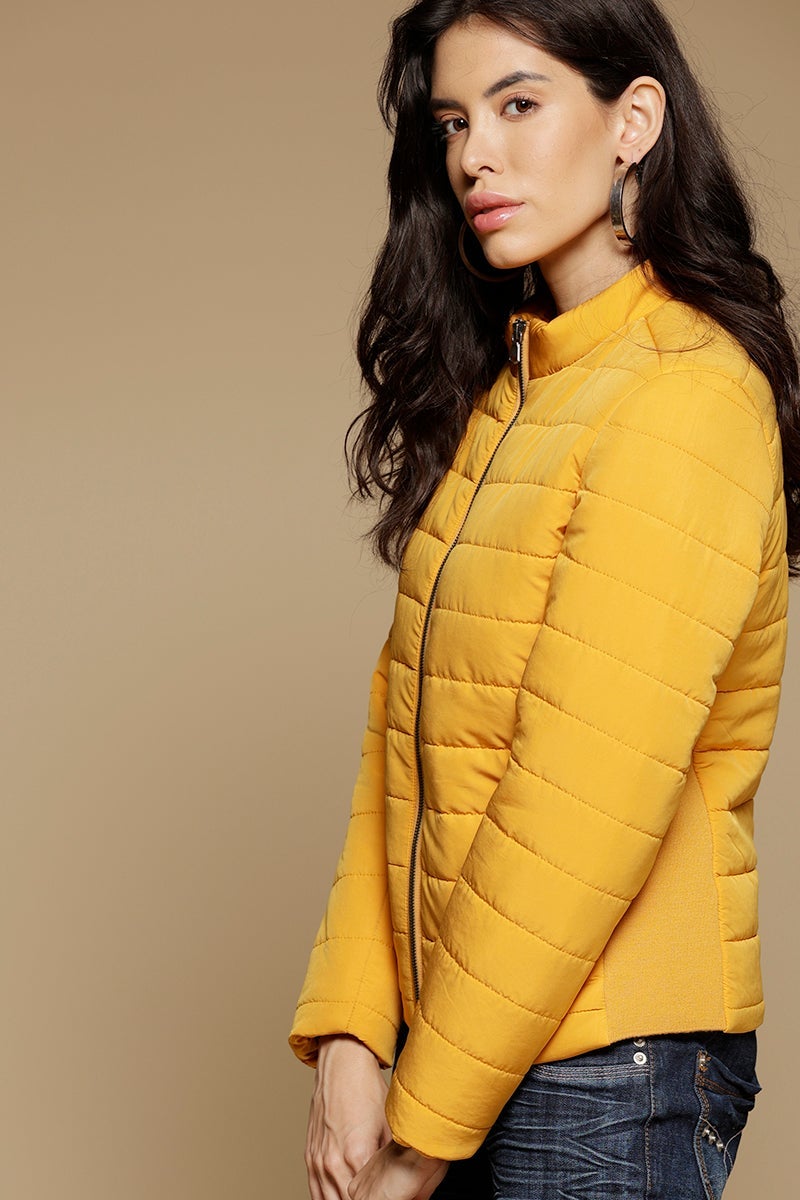 Mustard Regular Length Full Sleeves Stand Neck Polyester Jacket