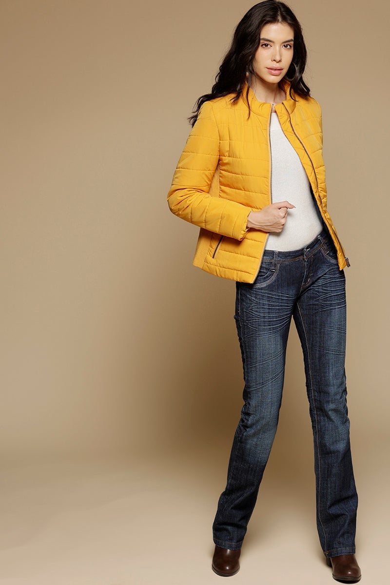 Mustard Regular Length Full Sleeves Stand Neck Polyester Jacket