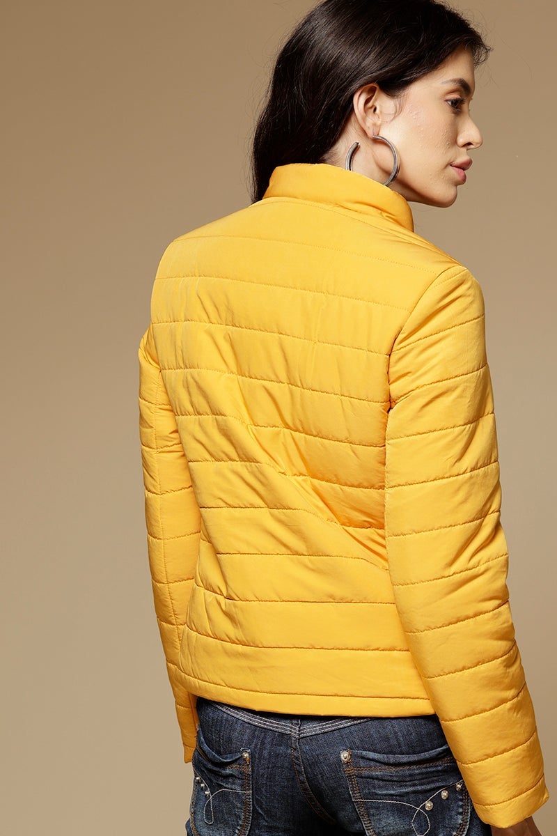 Mustard Regular Length Full Sleeves Stand Neck Polyester Jacket