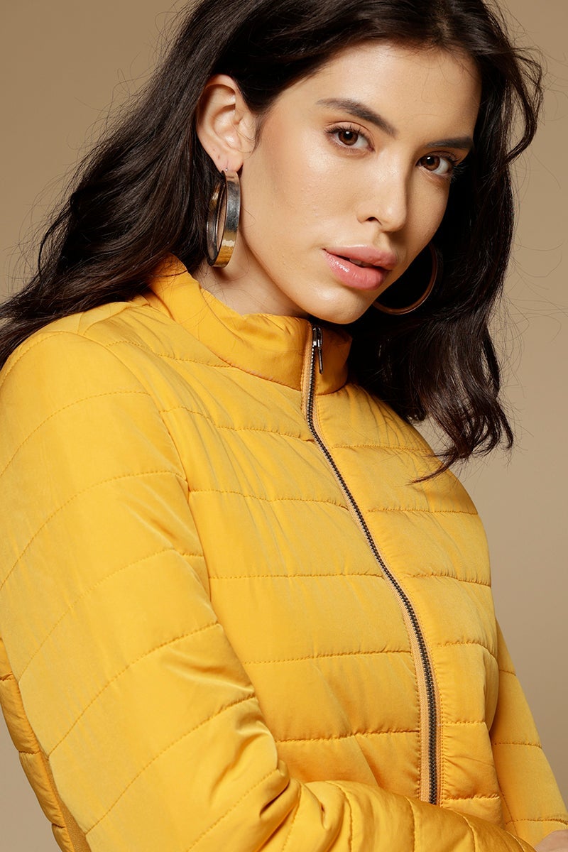 Mustard Regular Length Full Sleeves Stand Neck Polyester Jacket