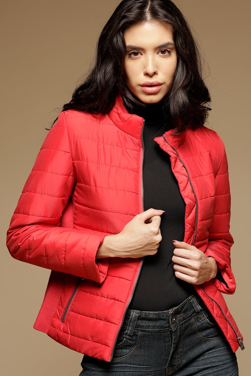 Red Regular Length Full Sleeves Stand Collar Polyester Jacket
