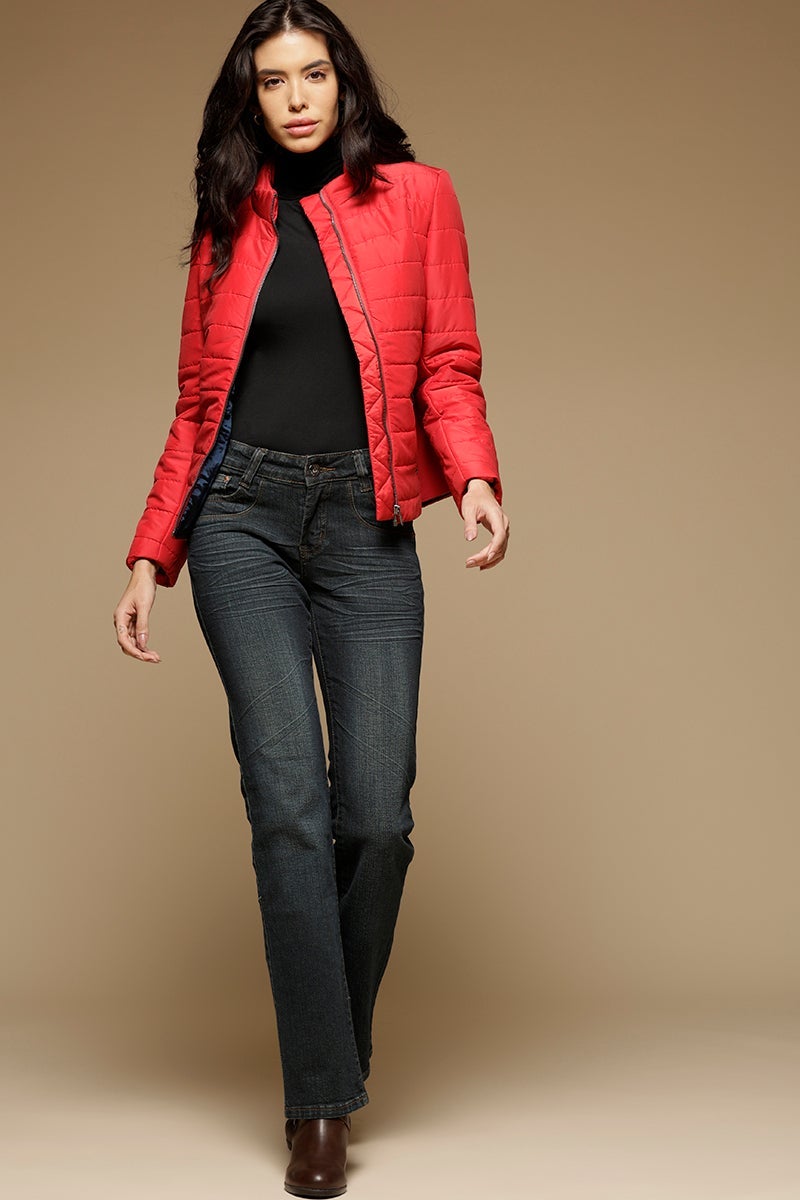 Red Regular Length Full Sleeves Stand Collar Polyester Jacket