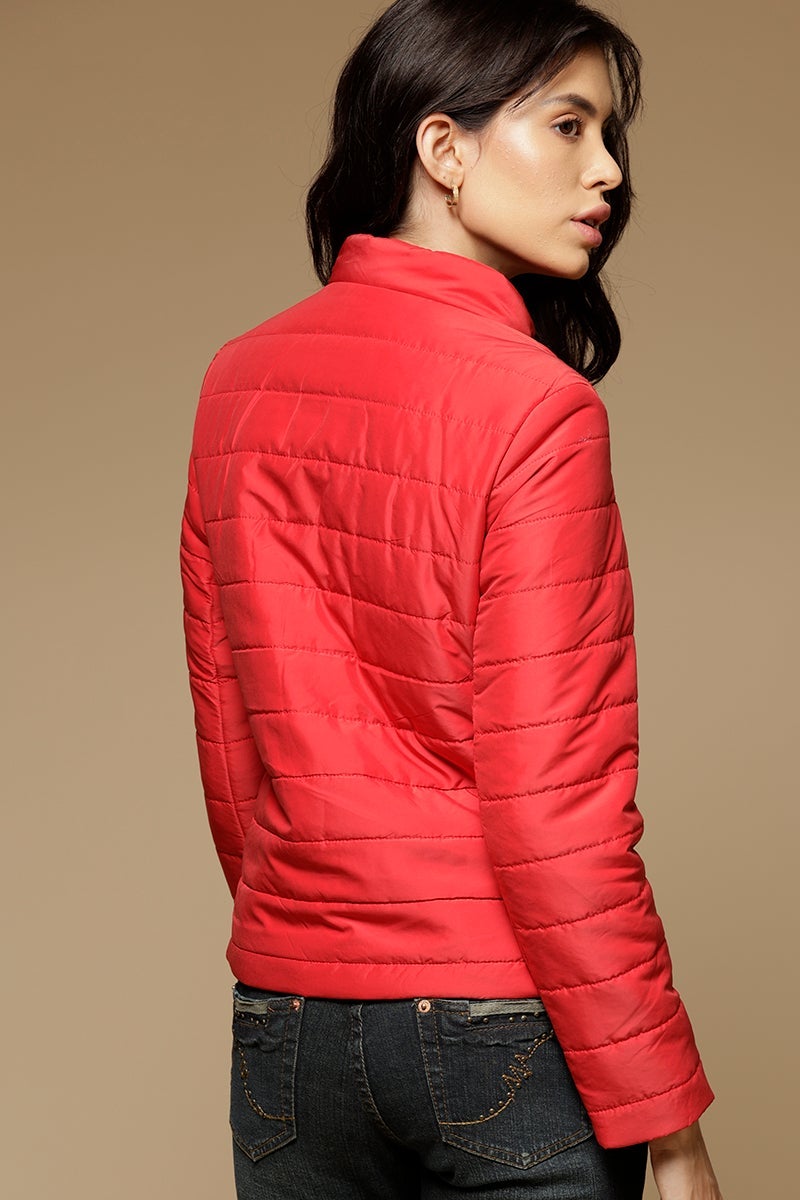 Red Regular Length Full Sleeves Stand Collar Polyester Jacket