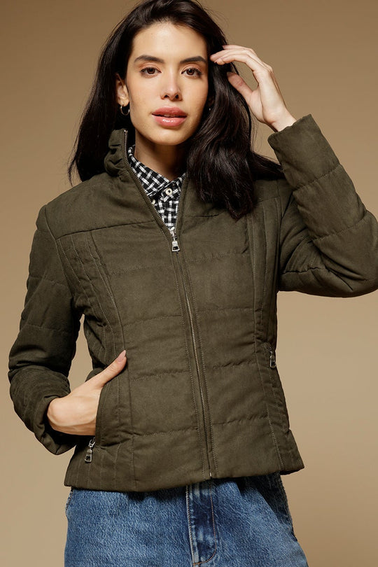 Olive Regular Length Full Sleeves Stand Collar Suede Jacket