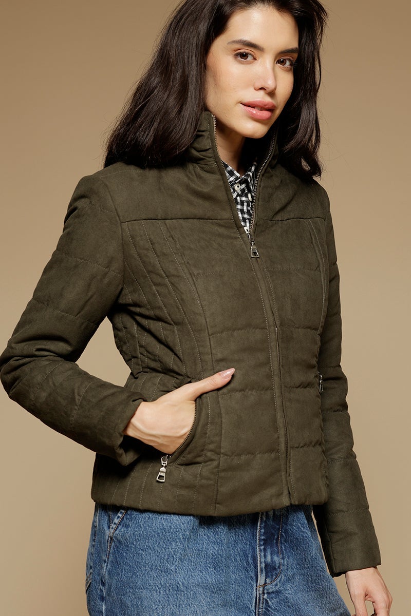 Olive Regular Length Full Sleeves Stand Collar Suede Jacket